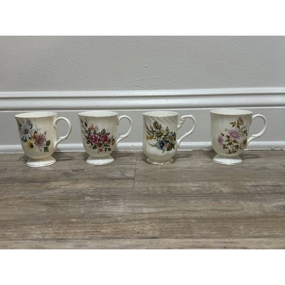 Vintage Set Of 4- Kings Court Coffee Cup Flower Mugs- India Fine Bone China
